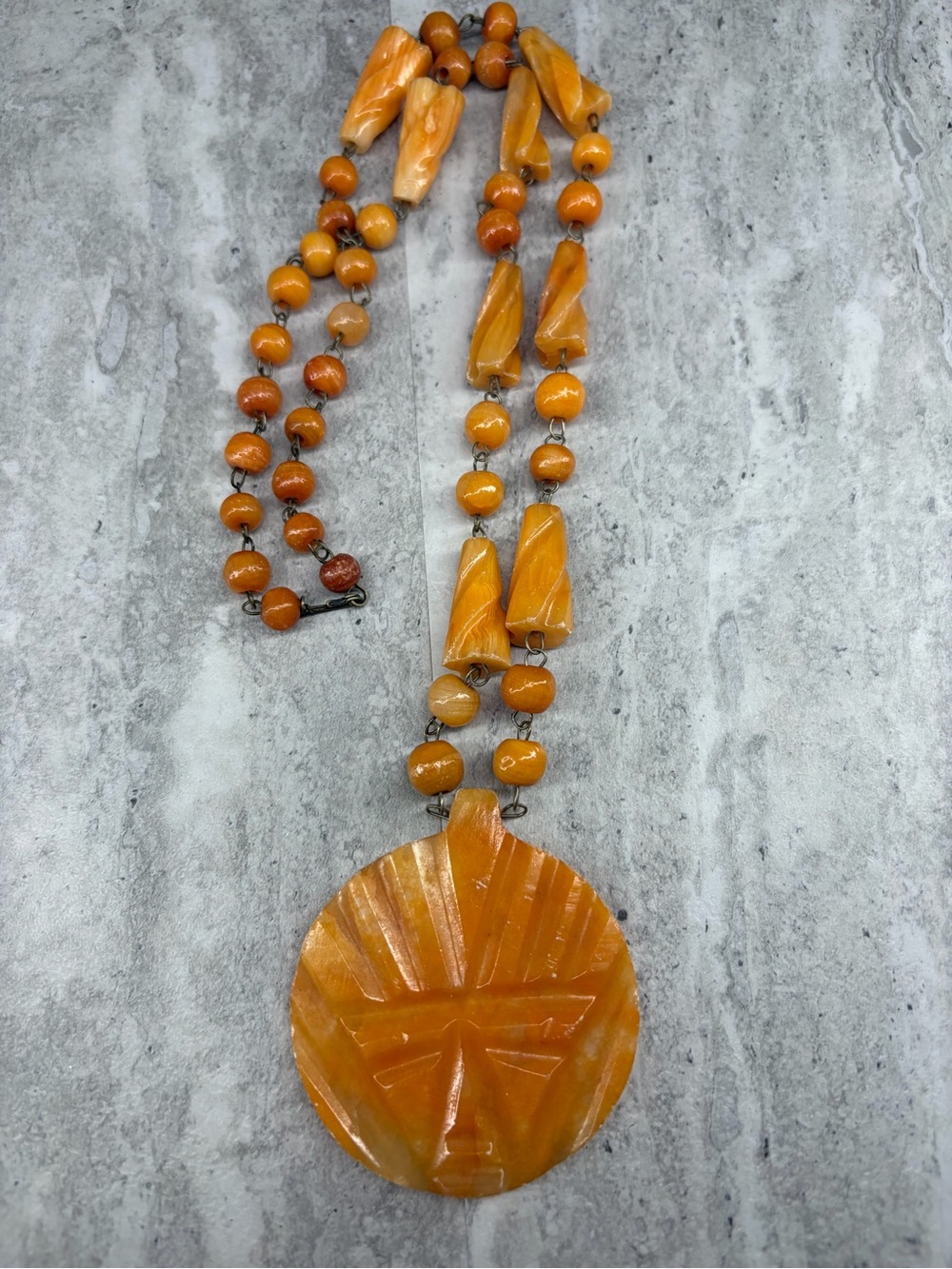 Carved Mexican Yellow Onyx Stone Necklace Pendant Necklace Orange Jewelry - Picture 4 of 5
